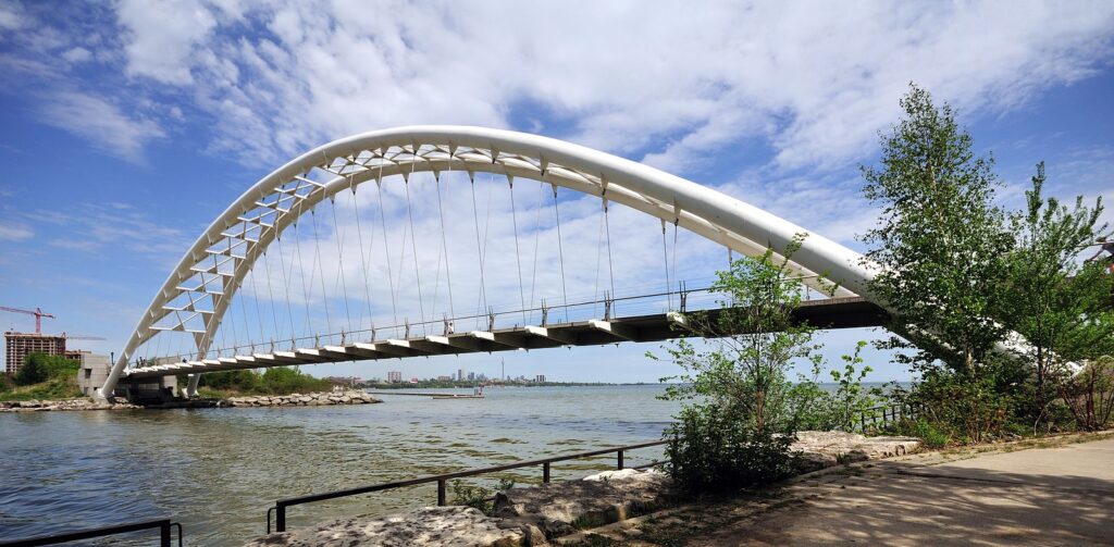 An image of the Humber Bay Arch bridge intended to show the neighbourhood landmarks for a Toronto Neighbourhood profile