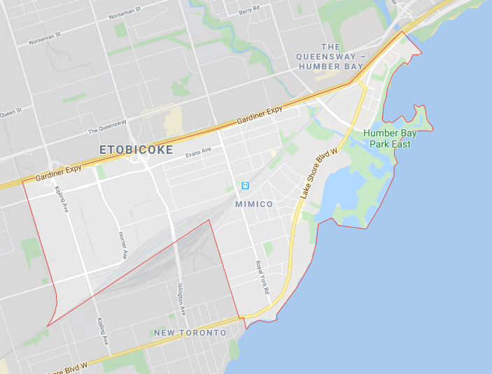An image of the Toronto neighbourhood of Mimico taken from Google Maps