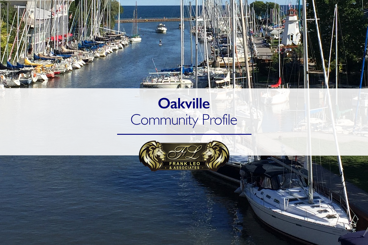 An image of the Oakville Ontario harbour with overlaid text which reads "Oakville Community Profile" intended to show off the community for a GTA community profile by Frank Leo