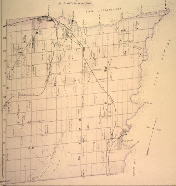 A historical map of Innisfil county, intended to show off the area's history for an Innisfil community profile which covers what it's like to live in Innisfil