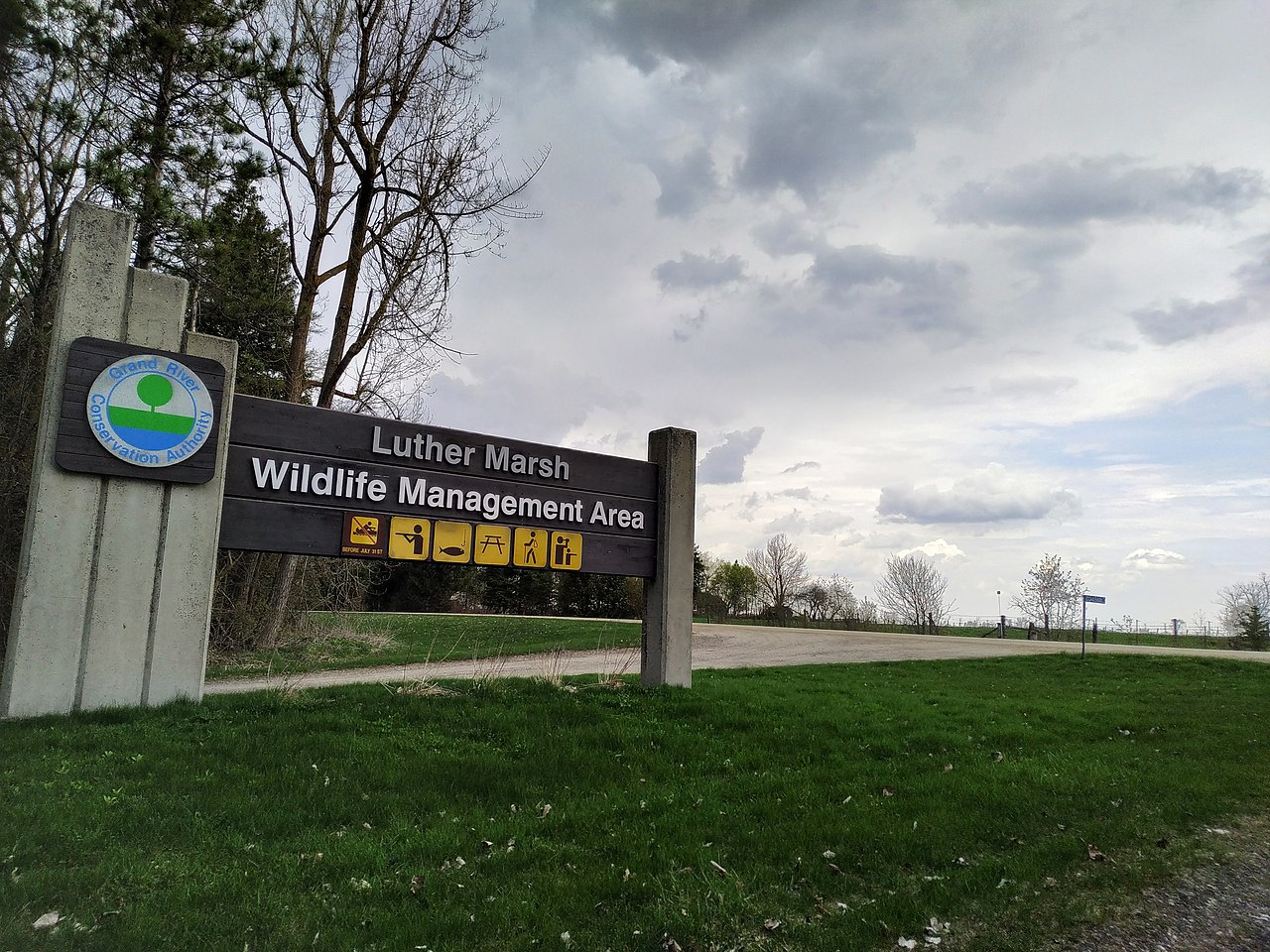 Luther Marsh wildlife conservation area sign, showing off recreational amenities near Orangeville