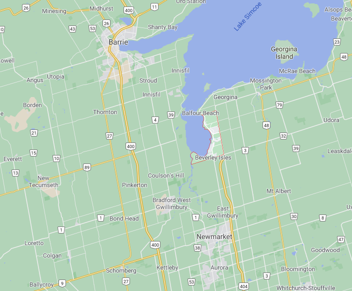 A map of central Ontario showing where Keswick is located compared with other communities, showing off the great location for a Keswick community profile.