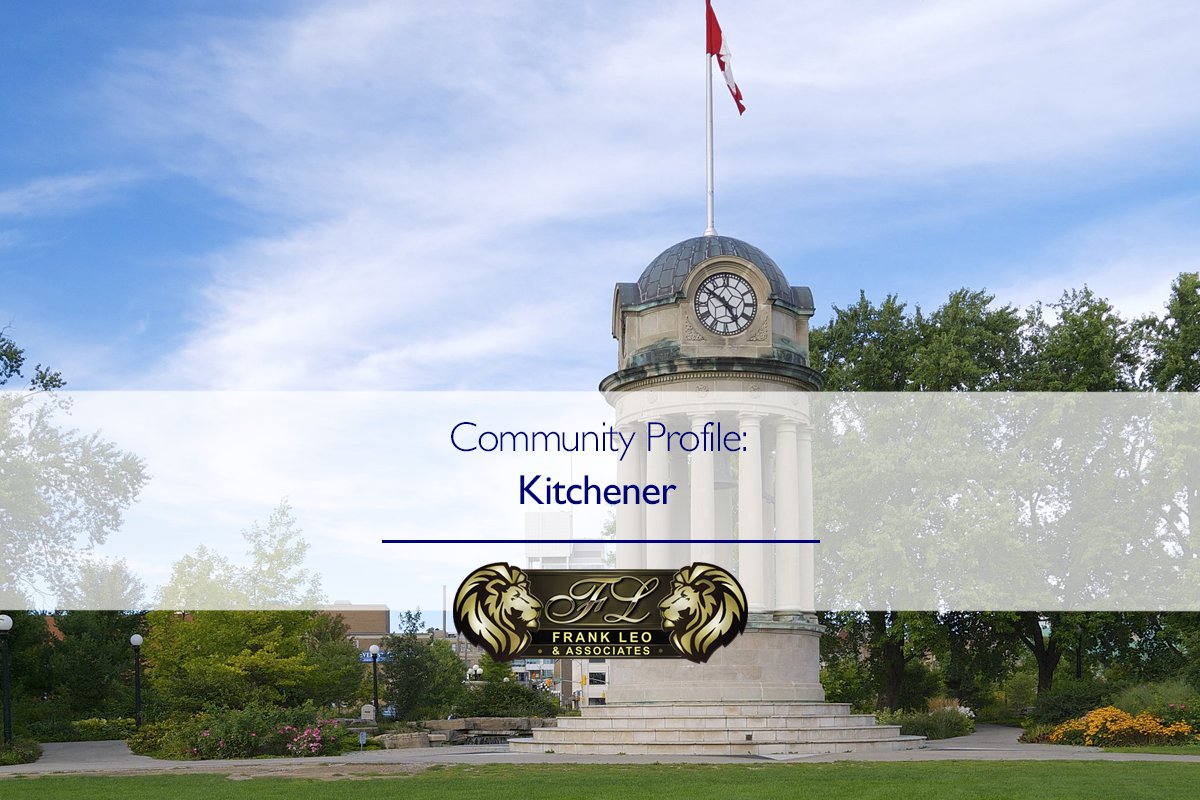 An image of kitchener's city clock with the text "kitchener community profile overlaid"