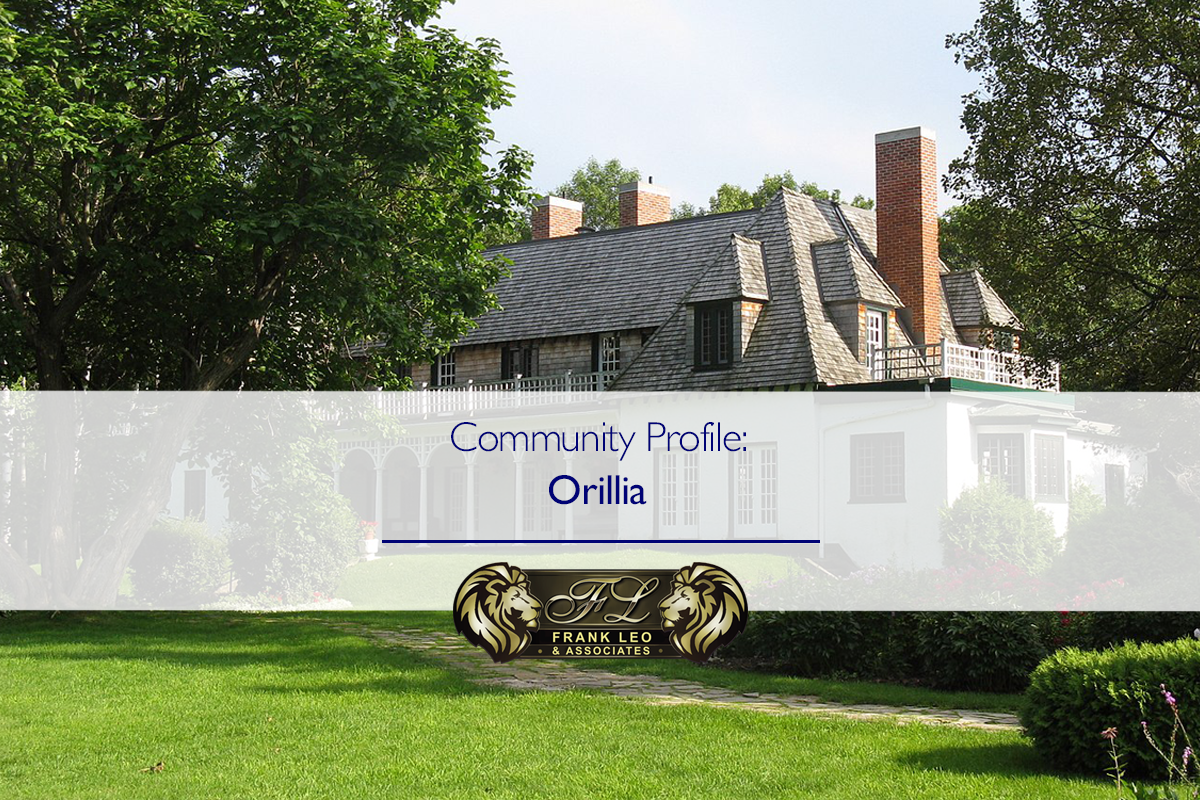 An image of Stephen Leacock House with text overlaid which reads "community profile: Orillia" along with the Frank Leo & Associates logo