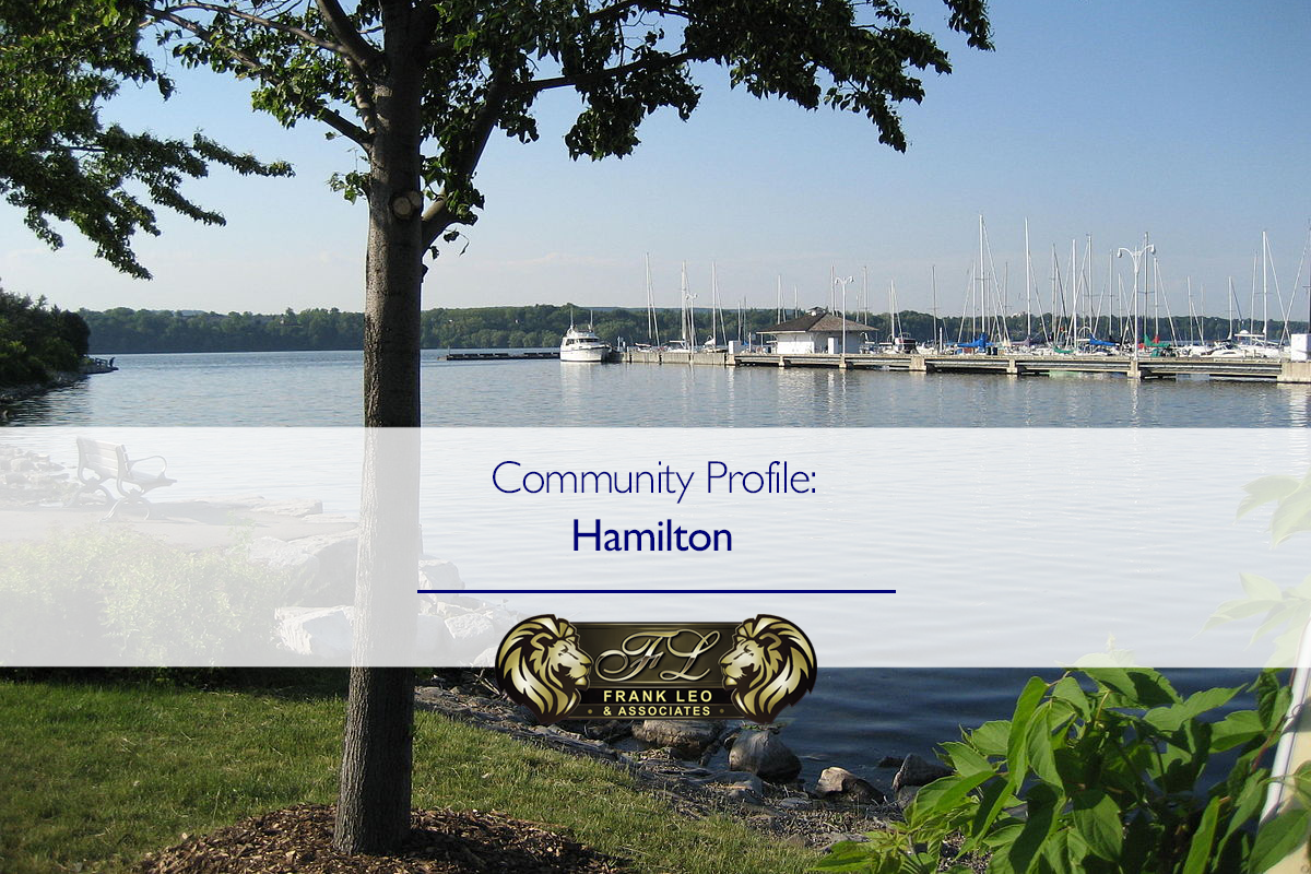 An image of the Hamilton, Ontario waterfront with "Community Profile: Hamilton" overlaid along with the Frank Leo & Associates logo