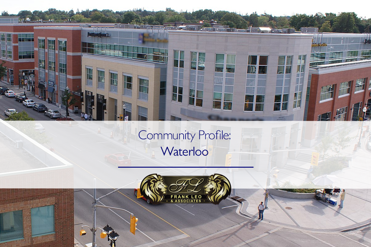 An image of waterloo Ontario with the text "Community Profile: Waterloo" showing off the community for a Waterloo community profile