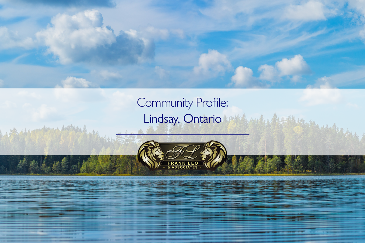 An image of an Ontario Lake with the text "Community Profile: Lindsay, Ontario" overlaid to illustrate what the community looks like for a Frank Leo & Associates real estate profile featured image.