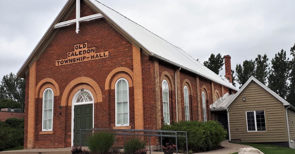 A outside view of Old Caledonia Township Hall