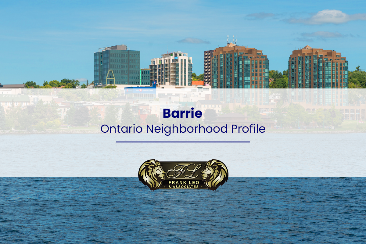 Barrie, Ontario neighbourhood profile graphic featuring a lakeside city skyline, Kempenfelt Bay, and the Frank Leo & Associates logo.