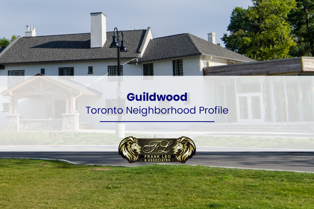 Guildwood Toronto neighbourhood profile banner featuring a white historic-style house with dark shingles, mature trees, and a Frank Leo & Associates logo.
