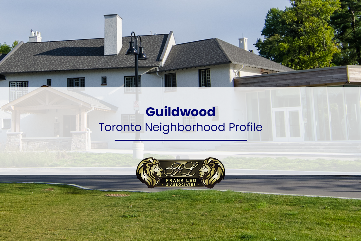 Guildwood Toronto neighbourhood profile banner featuring a white historic-style house with dark shingles, mature trees, and a Frank Leo & Associates logo.